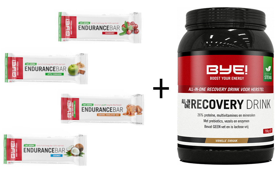 BYE! Endurance Bar 30 stuks + BYE! ALL-IN-ONE Recovery Drink 750 gram 1
