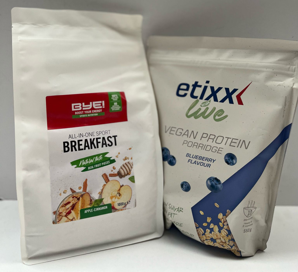 BYE! ALL-IN-ONE Sport Breakfast - 1000 gram (LET OP! THT 29-2-2024) + Etixx Live Vegan Protein Porridge - 550 gram (THT 31-3-2024) 1