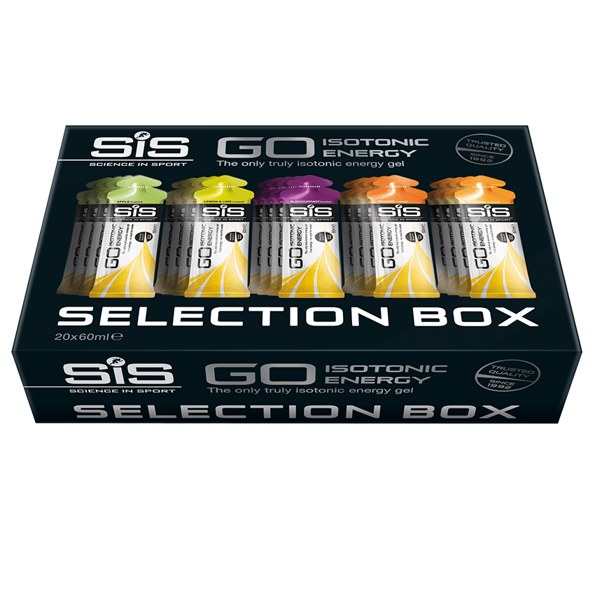 SIS GO Isotonic Energy Gel Selection Box - 4x Apple - 4x Lemon/Lime - 4x Blackcurrant - 4x Orange - 4x Tropical 1